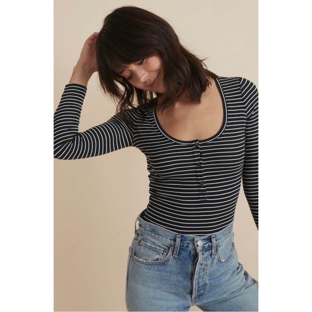 Marine Layer Womens Navy Blue White Striped Henley Top Long Sleeve Ribbed